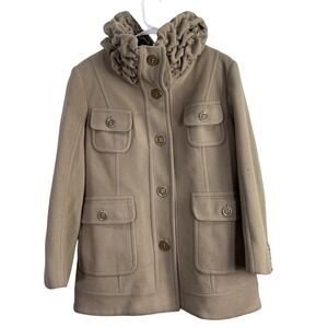 Perry Ellis Womens 6 Tan Wool Blend‎ PeaCoat Fleece Ruffle Neck Classic Utility